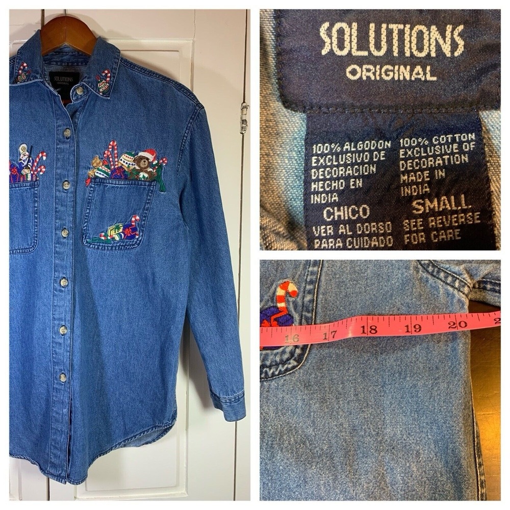 Vtg Solutions Christmas‎ Denim Embroidered Shirt Womens Small Gifts Toys Bears